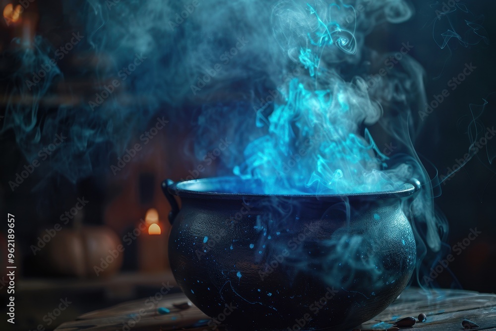 Halloween cauldron with flowing smoke for spooky atmosphere Halloween cauldron with flowing smoke for spooky atmosphere