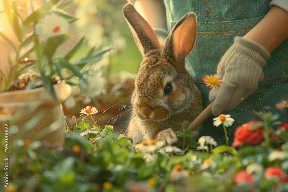 A tranquil scene of a rabbit in a vibrant garden, showcasing the beauty of nature and a gardener's gentle touch. A tranquil scene of a rabbit in a vibrant garden, showcasing the beauty of nature and a gardener's gentle touch.