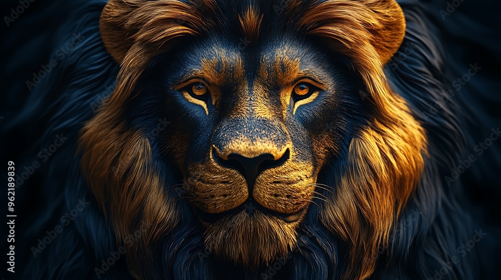 Naklejka premium A close-up portrait of a majestic lion with golden and blue fur, staring directly at the camera.