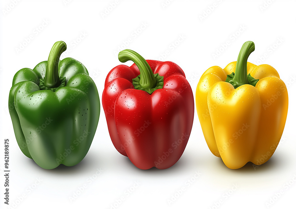 Three bell peppers, red, yellow, and green, on a white background Three bell peppers, red, yellow, and green, on a white background