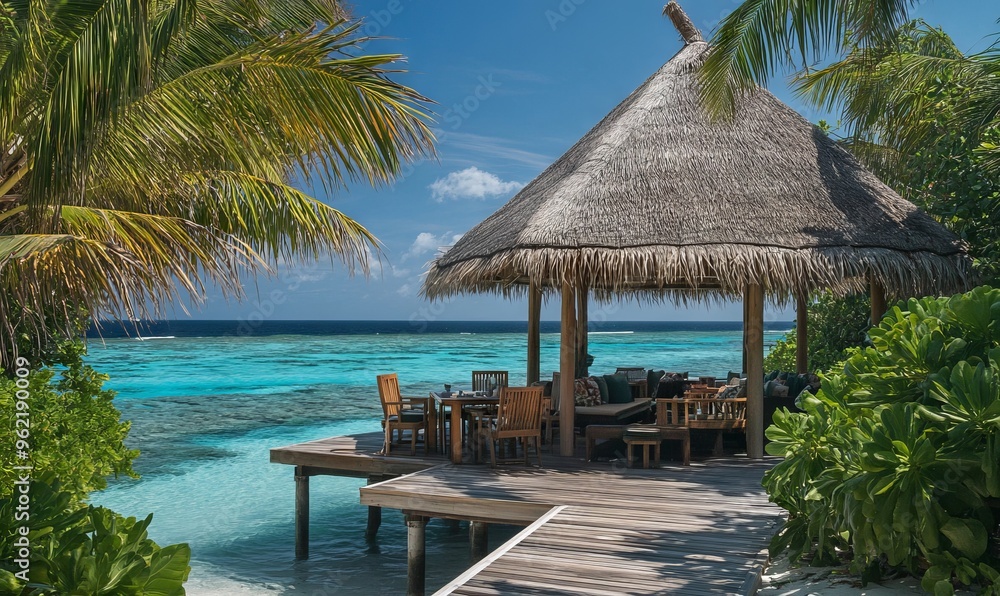 Island Resort's Thatched Roof Cabana with Wooden Deck and Ocean Pier in the Maldives AI generated illustration Island Resort's Thatched Roof Cabana with Wooden Deck and Ocean Pier in the Maldives AI generated illustration