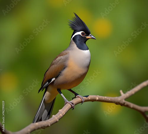 A majestic California quail perches on a sunny branch, showcasing its distinctive topknot and handsome plumage, set against a blurred background of lush green foliage photo