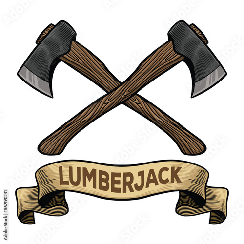 Vintage lumberjack logo illustration. Lumberjack axe hand drawn illustration in vintage style