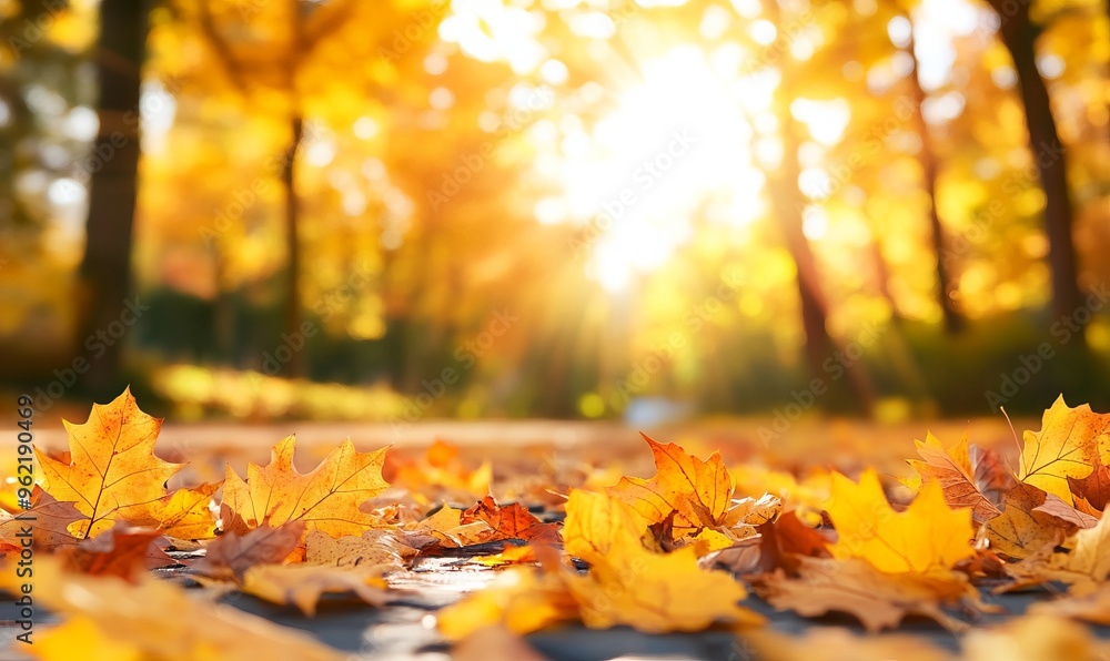 An autumn park with leaves covering the ground, sunlight peeking through the trees, and yellow maple leaves scattered about. AI generated illustration An autumn park with leaves covering the ground, sunlight peeking through the trees, and yellow maple leaves scattered about. AI generated illustration