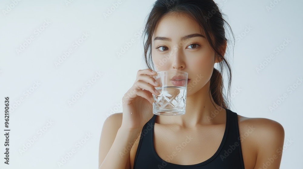 A beautiful Japanese woman is drinking water from the glass. Portrait. close up view A beautiful Japanese woman is drinking water from the glass. Portrait. close up view