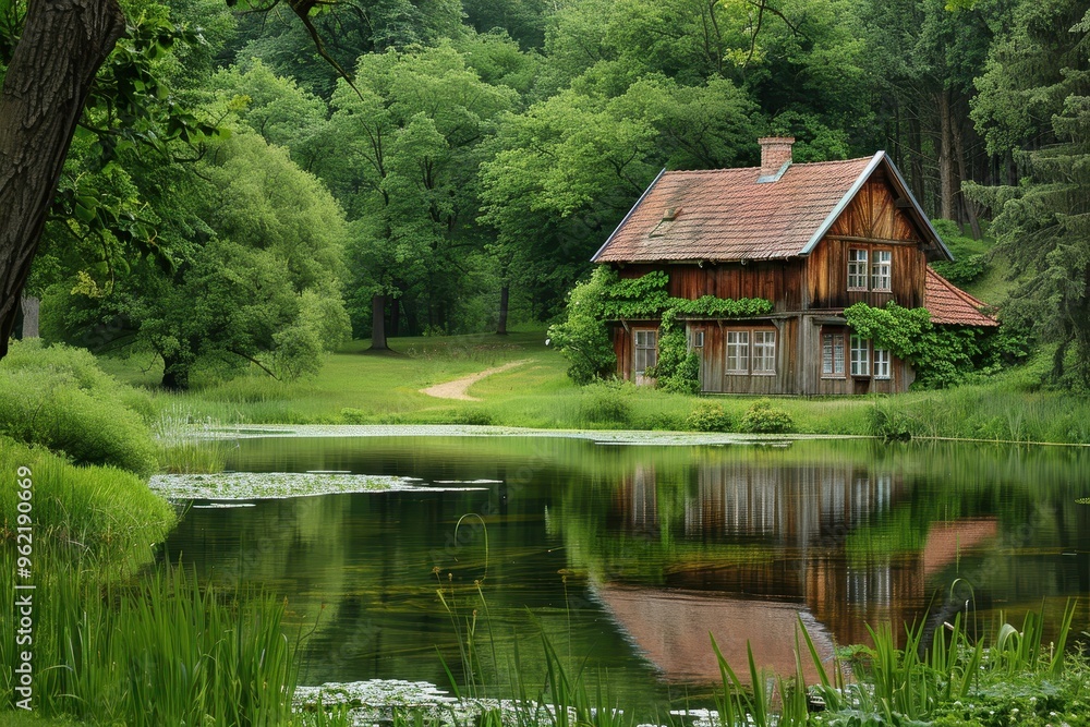 House made of wood next to a pond House made of wood next to a pond