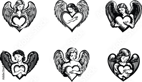 Webangel holds a heart. engraving line vector illustration. Cupid with heart. valentine's day art