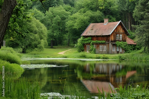 House made of wood next to a pond