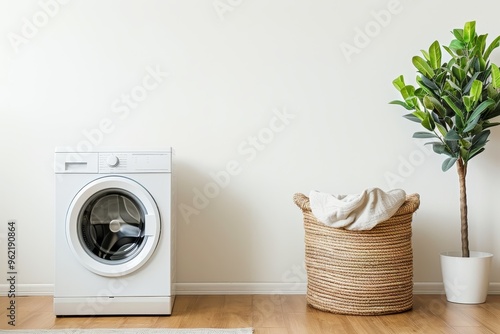 Housework concept with washing machine on white wall photo