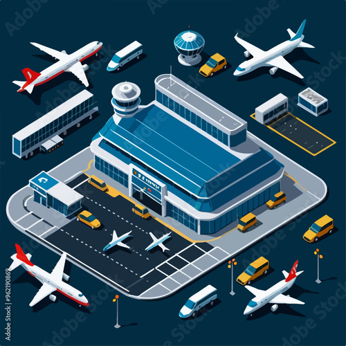 Isometric Airport Terminal with Runway Illustration