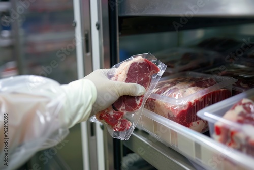 Human hand grabbing a wrapped package of red meat from freezer box in storage room photo