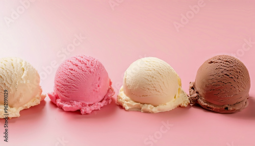 Ice cream scoops against pastel pink background. Minimal summer food concept