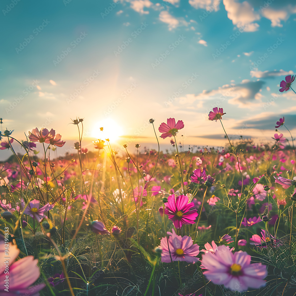 field of flowers and sunset field of flowers and sunset