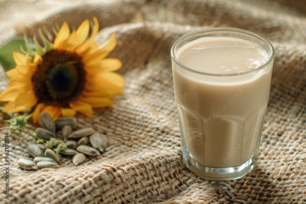 Sunflower seed milk in glass on plant themed background Raw diet meal Healthy vegetarian food Eco friendly product Sunflower seed milk in glass on plant themed background Raw diet meal Healthy vegetarian food Eco friendly product