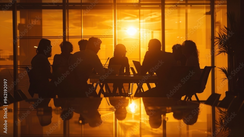 A group of people are sitting around a table in a conference room A group of people are sitting around a table in a conference room