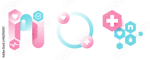 Medical design elements in minimalism style isolated on white background. Abstract healthcare geometric illustrations in blue and pink color. Ideal for webpage, brochure, business card, flyer, etc.