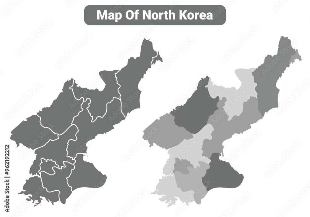 Greyscale North Korea political map with borders outline style vector illustration set Greyscale North Korea political map with borders outline style vector illustration set
