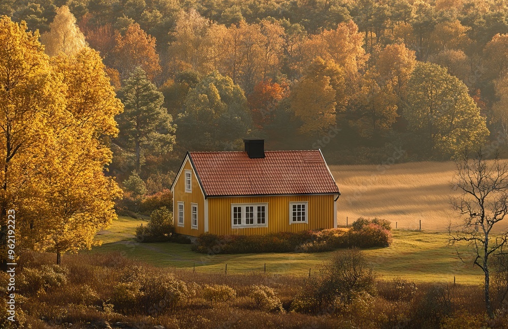 Autumn Scene in the Swedish Countryside with a Yellow House at Golden Hour. AI generated illustration Autumn Scene in the Swedish Countryside with a Yellow House at Golden Hour. AI generated illustration