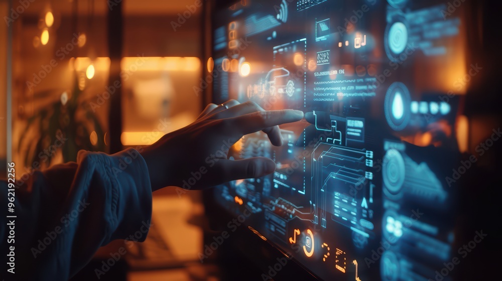 Close-up of a hand interacting with a futuristic touchscreen interface displaying data and technology insights. Close-up of a hand interacting with a futuristic touchscreen interface displaying data and technology insights.