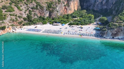 Ionian sea Gjipe beach canyon. Albania blue turquoise beach