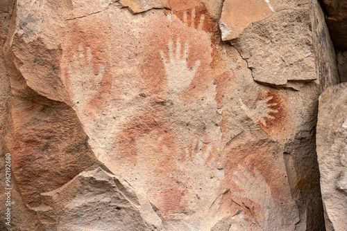 Ancient rock art at Cueva de Las Manos ( Cave of the Hands ) in Santa Cruz Province, Patagonia, Argentina. The art in the cave dates from 9,0001 to 13,000 years ago.