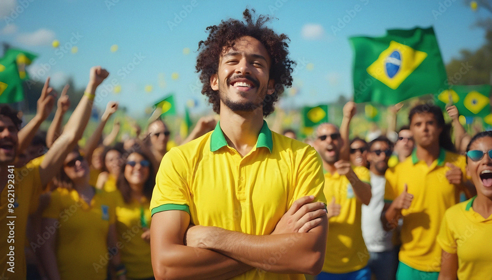 Obraz premium Smiling Man with Arms Crossed and Brazilian Flags During Political Demonstration on Avenida Paulista 