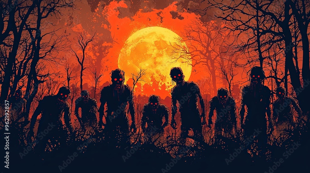 A group of menacing zombies stand silhouetted by a large, glowing full moon, creating a highly ominous and eerie scene with bare trees silhouetted as well. A group of menacing zombies stand silhouetted by a large, glowing full moon, creating a highly ominous and eerie scene with bare trees silhouetted as well.