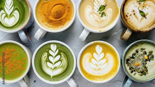 A flat lay of eight different colorful latte variations in white mugs on a gray surface. The lattes are arranged in two rows of four, with a variety of toppings and designs.