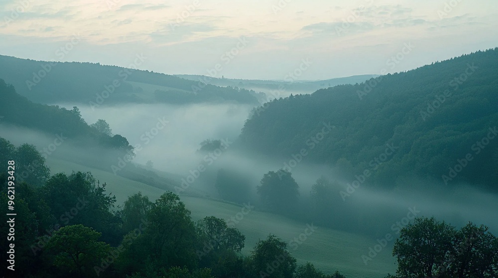 A misty valley with tall trees in the foreground A misty valley with tall trees in the foreground