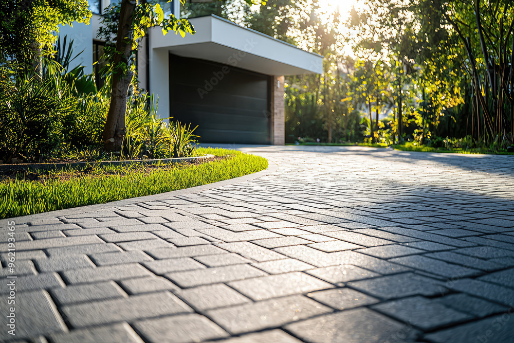 Fototapeta premium A Serene Driveway: Interlocking Pavers Leading to a Modern Home