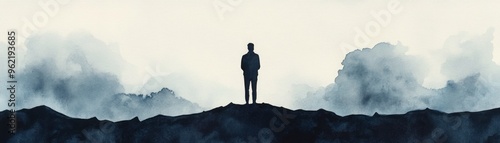 A lone figure standing against a backdrop of negative influences, dark clouds and sharp edges in the environment, captured in moody watercolor tones