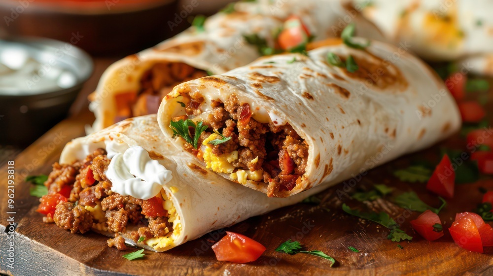 Three delicious breakfast burritos with fillings of scrambled eggs, ground beef, cheese, and salsa, served with a side of sour cream. Three delicious breakfast burritos with fillings of scrambled eggs, ground beef, cheese, and salsa, served with a side of sour cream.