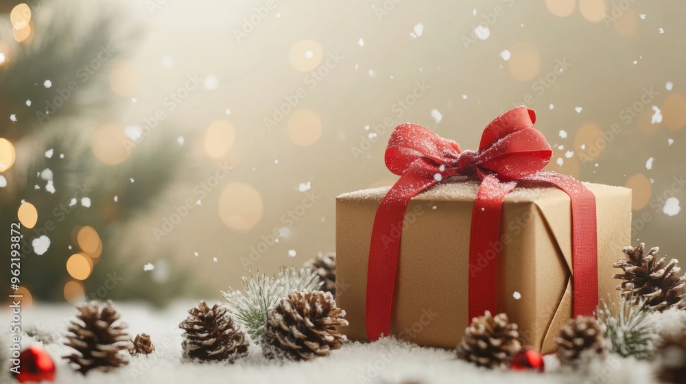 banner mockup featuring a golden gift box with a red ribbon, pine cones, and a festive message for christmas and new year celebrations banner mockup featuring a golden gift box with a red ribbon, pine cones, and a festive message for christmas and new year celebrations