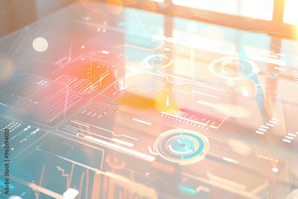 Naklejka premium Futuristic technology interface with digital data visualization on a glass surface, symbolizing innovation and connectivity.