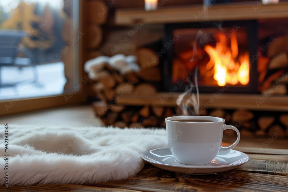 Tea in white cup by fireplace in cozy log cabin Tea in white cup by fireplace in cozy log cabin