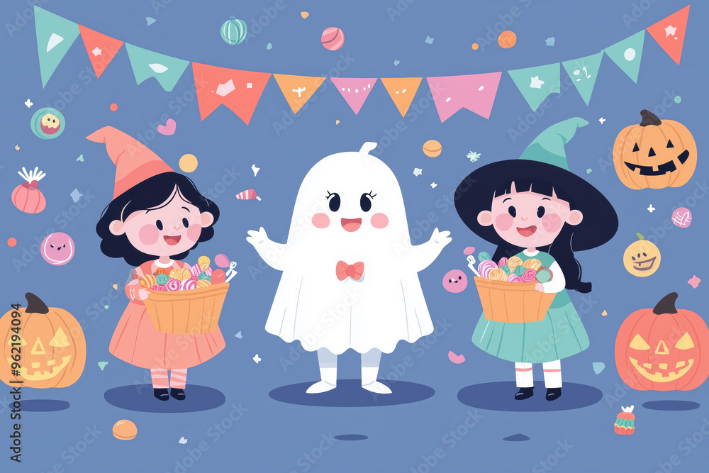 Happy ghost and cute witches enjoying Halloween with candy and festive decorations Happy ghost and cute witches enjoying Halloween with candy and festive decorations