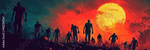 Silhouetted zombies advance across rocky terrain towards the viewer, with a large setting sun casting an intense red hue across the sky, indicating danger and horror. photo