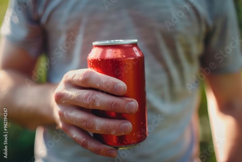 Thirsty man spills beer at picnic while opening can