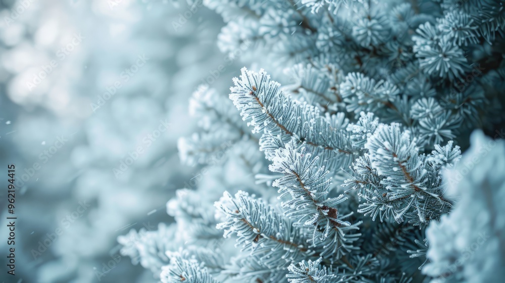 Frost-covered spruce branches in a winter forest landscape. Frost-covered spruce branches in a winter forest landscape.