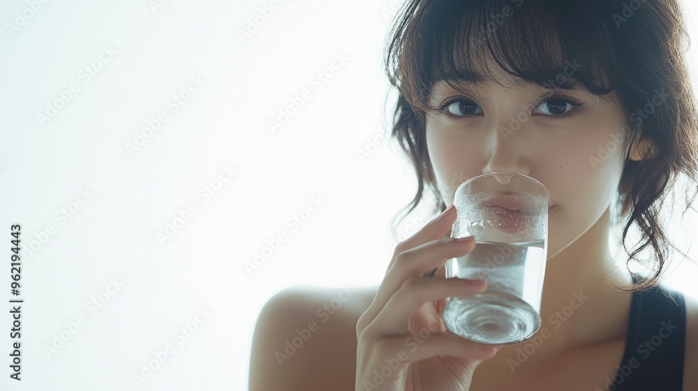 A beautiful Japanese woman is drinking water from the glass. Portrait. close up view A beautiful Japanese woman is drinking water from the glass. Portrait. close up view