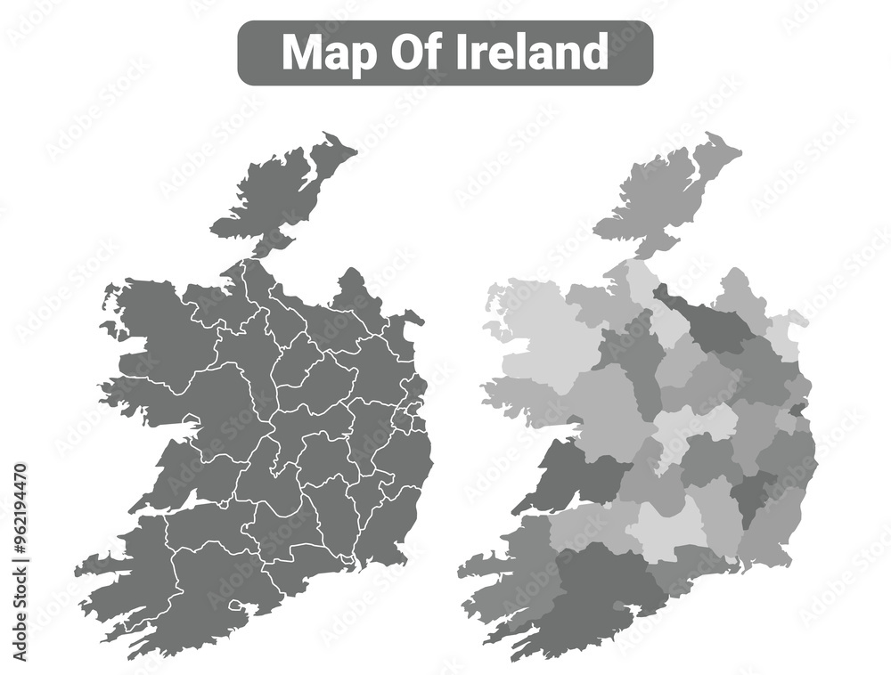 Obraz premium Greyscale Ireland political map with borders outline style vector illustration set