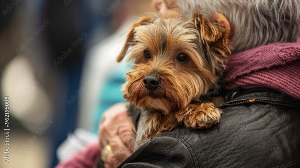 Elderly person holding a small dog in a bustling outdoor setting during a sunny day Elderly person holding a small dog in a bustling outdoor setting during a sunny day