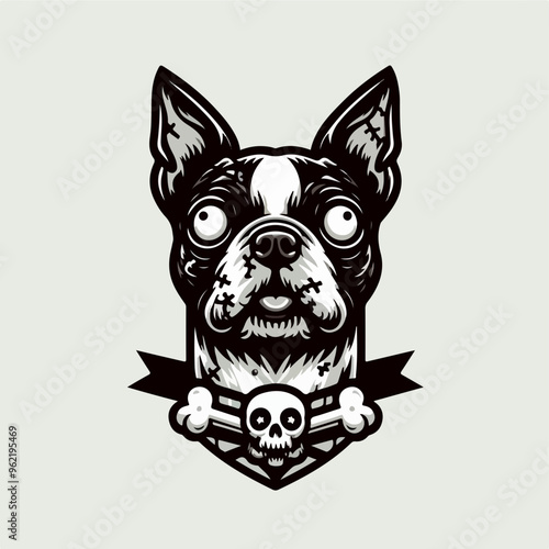 Boston Terrier Cute Dog Zombie Cartoon Vector Icon Illustration. Animal Halloween Icon Concept Isolated Premium Vector. Flat Cartoon Style