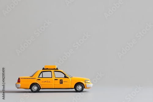 Yellow taxi toy car on plain background, side view