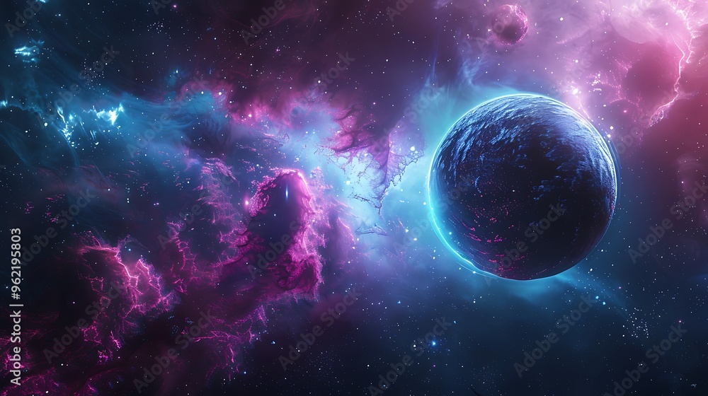 Obraz premium A cosmic scene where deep maroon planets are surrounded by a glowing aura of aqua blue light, floating in a dark galaxy