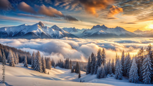 Stunning winter landscape with snow-covered mountains, golden sunset, and peaceful atmosphere