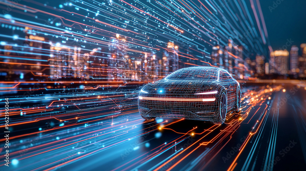 A highly detailed illustration of an autonomous vehicle navigating through a smart city, with glowing sensors and data streams representing its connection A highly detailed illustration of an autonomous vehicle navigating through a smart city, with glowing sensors and data streams representing its connection