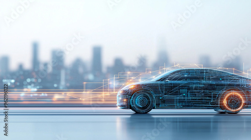 A highly detailed illustration of an autonomous vehicle navigating through a smart city, with glowing sensors and data streams representing its connection 