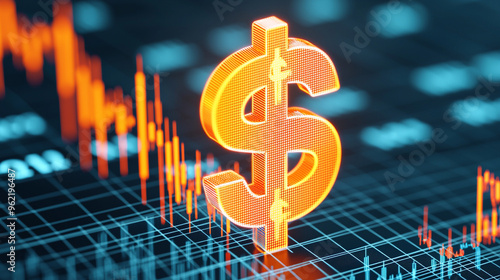 A glowing dollar sign hovering over a holographic financial chart, with a sharp downward trend photo