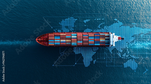 Aerial view of a container ship at sea, with a digital map overlay showing export control 